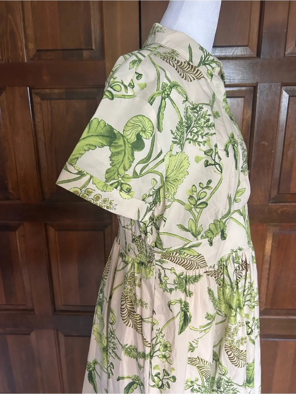 Talbots Modern Poplin Smocked Midi Shirt Dress 12P Branching Floral Green Cotton